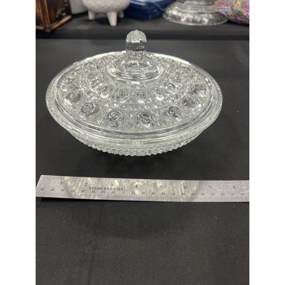 Large Button And Cane Candy Dish With Lid By Indiana Glass 5" x 7.5"